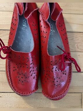 Women's Red Perforated Leather Slip-On Flats with Bow Accent